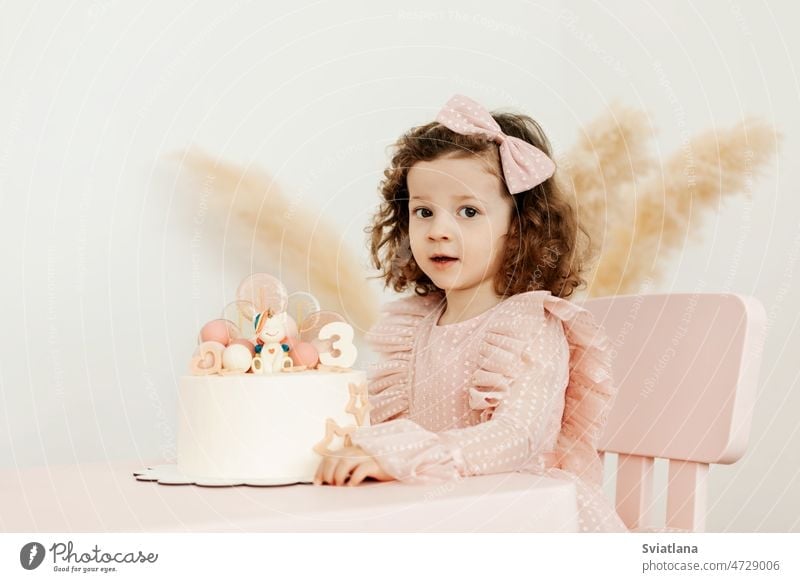 Portrait of a charming little girl with a cake during a birthday celebration happy party celebrate decor decoration gift child childhood table caucasian sweet