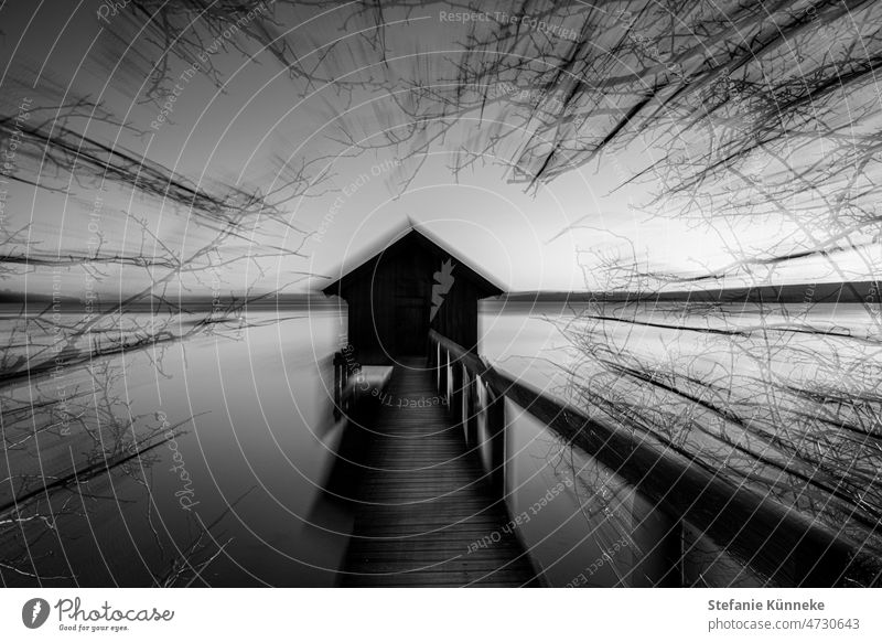 The ghost boathouse: creative zoom technique Lake Ammer Creativity Sunset b/w Hut Twig Water House (Residential Structure) Bavaria Footbridge Boathouse