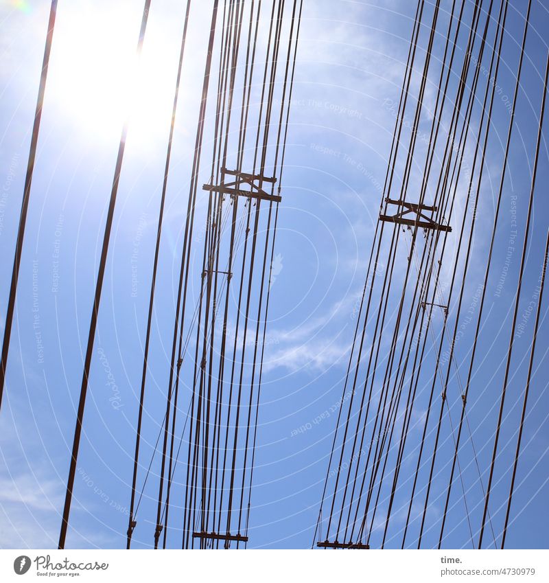 Frog perspective | Sun, air and steel Supply lines Cable Transport Sky Sunlight Dazzle Parallel steel cable structure Technology Construction Architecture Steel