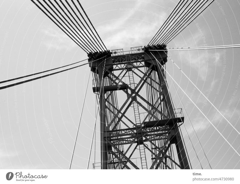 Rope team | Construction art Bridge Architecture Tall monstrous Safety Manmade structures Steel cables Sky Clouds Transport Worm's-eye view Ladder lines
