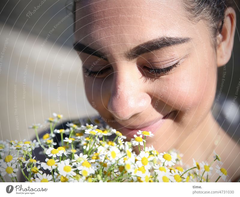 Woman with bouquet of chamomile portrait flowers fortunate Feminine Closed eyes sunny fragrances sniff Chamomile Flower Plant
