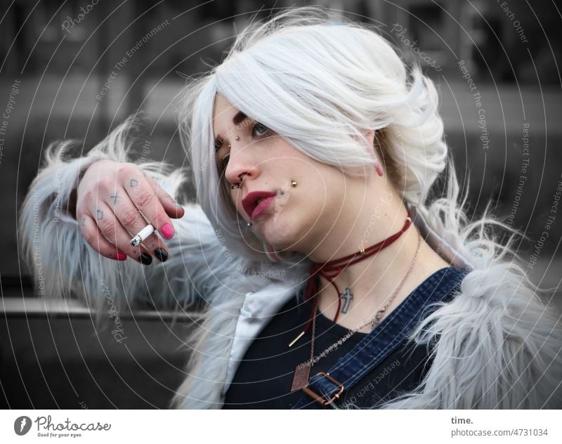 Woman with cigarette, pensive Feminine Easygoing Cool Artist Actor Jacket Pelt Piercing White-haired Hair and hairstyles Observe To hold on Looking Exceptional