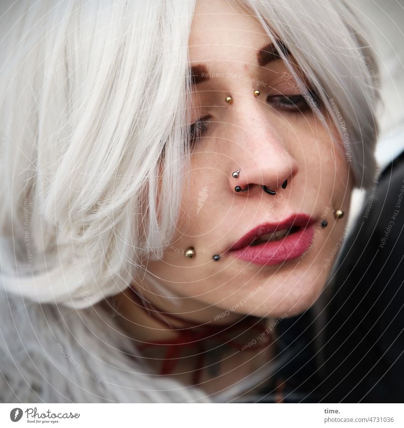 Woman with piercings Feminine White-haired Hair and hairstyles Piercing Exceptional Moody Emotions Inspiration Creativity portrait Downward devotion Meditative