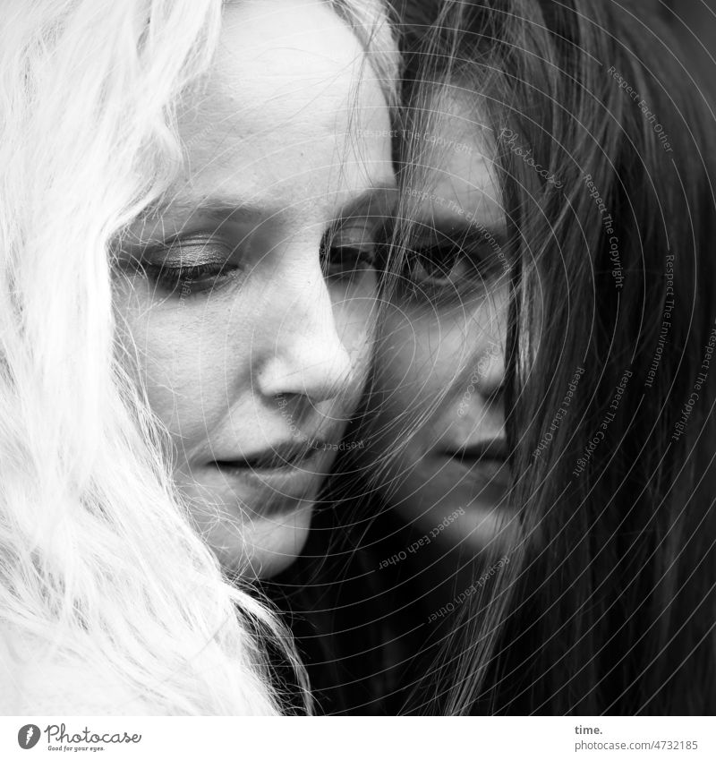 glances women two Long-haired Blonde Looking ambiguous Friendship at the same time in common portrait Face Feminine view Dark-haired Downward