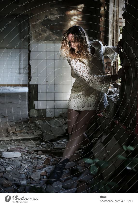 lost place woman move Woman Dancer feminine Dress lost places Long-haired Blonde rubbish condemned house tiles Broken Curl Shaft of light Building rubble