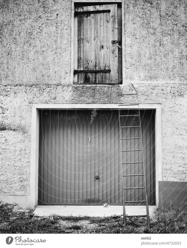 colonel's room Garage door Goal Tin Detail Exterior shot Ladder Simple unwieldy Black & white photo stepladder lines Demanding Metal Contrast Gray