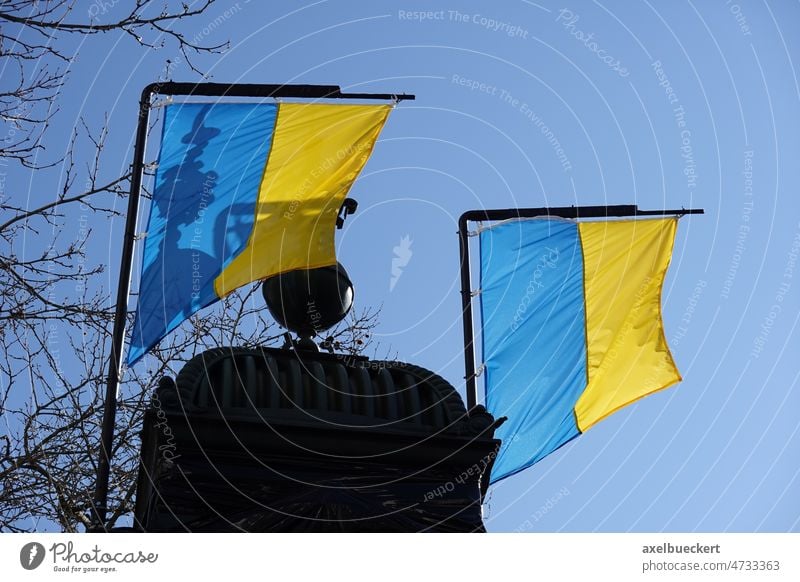 Ukrainian flag flies in Hanover in solidarity with Ukraine Flag of Ukraine Ensign Patriotism Exterior shot Ukraine war ukrainian Blue Yellow Vertical Peace