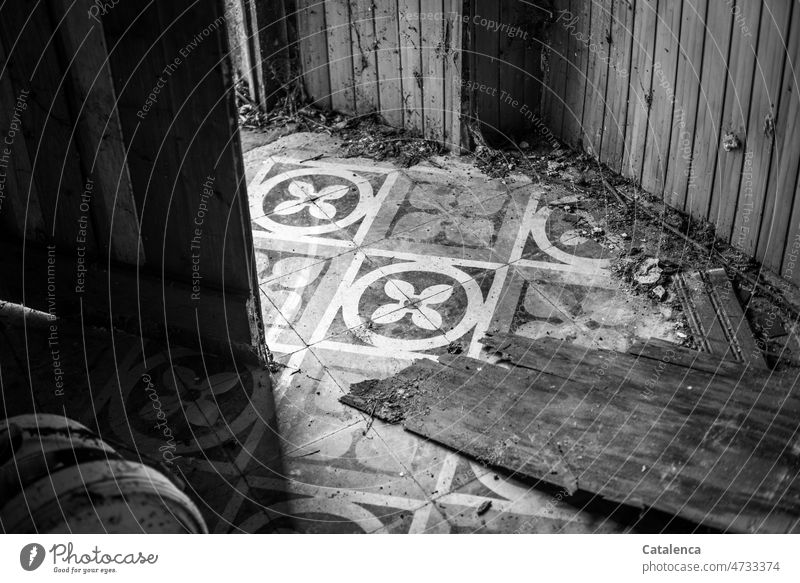 Decay, an abandoned apartment building tiles Tile Pattern Structures and shapes Design Hallway House (Residential Structure) Wood Wall (building) door