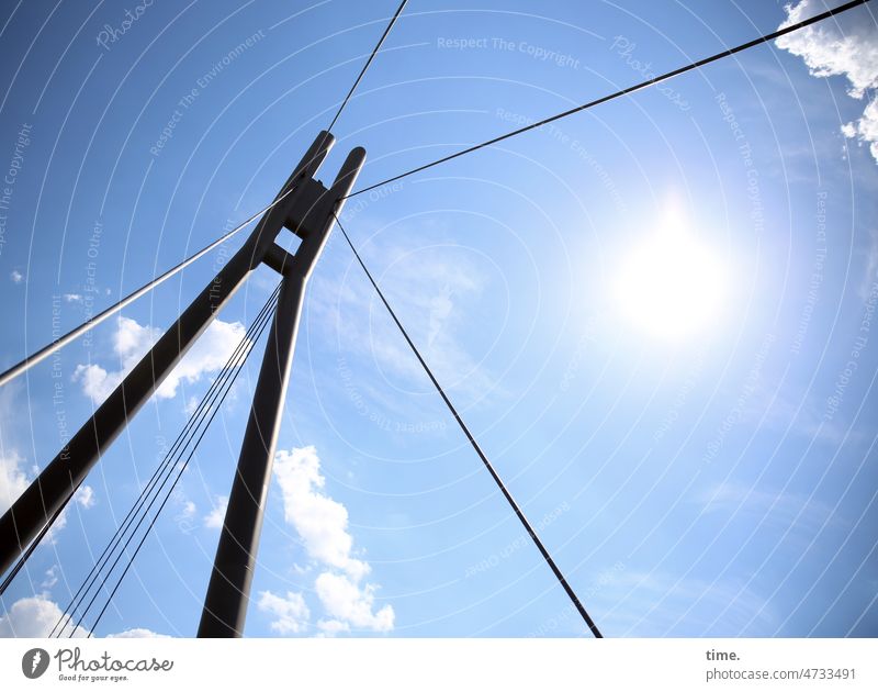 room divider Bridge Sky Bridge pier ropes Cable-stayed bridge Metal Sun sunny Beautiful weather Worm's-eye view Clouds