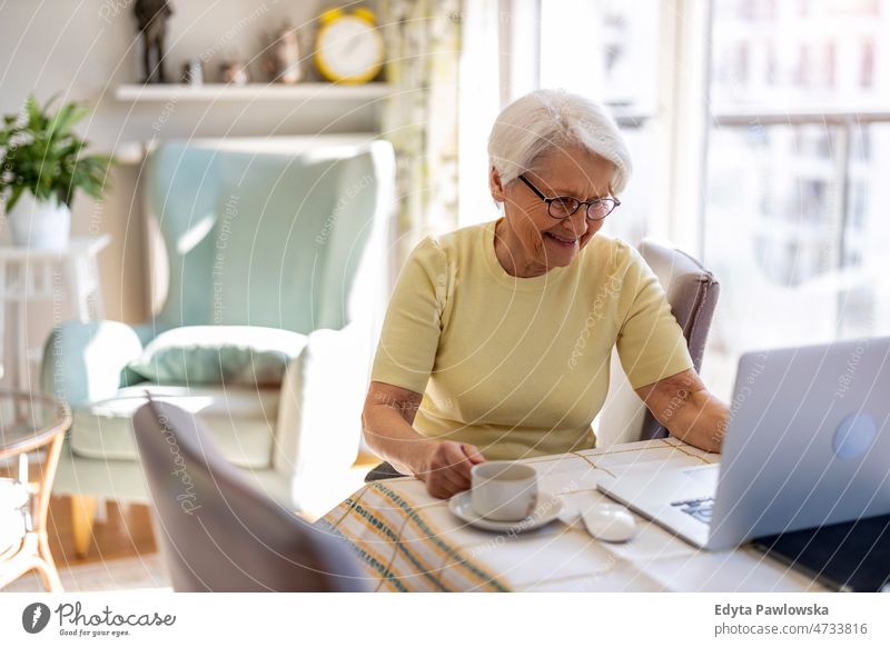 Senior woman using laptop at home glasses eyeglasses spectacles alone domestic life elderly female grandma grandmother grey hair house indoors lifestyle mature