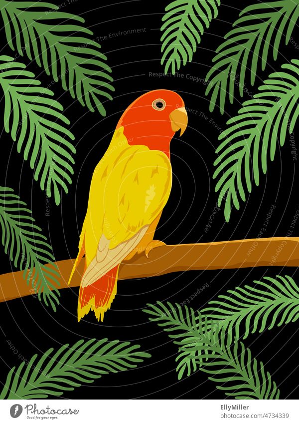 Colorful bird on a black background with palm branches. Bird variegated colourful illustration Palm branches Tropical Parakeet Rich in contrast Yellow