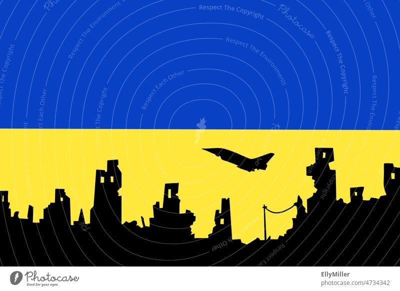 War in Ukraine. Ukrainian flag with silhouette of destroyed cities. Destruction Peace Sign Solidarity Politics and state Peace Wish Ukraine war Blue Yellow