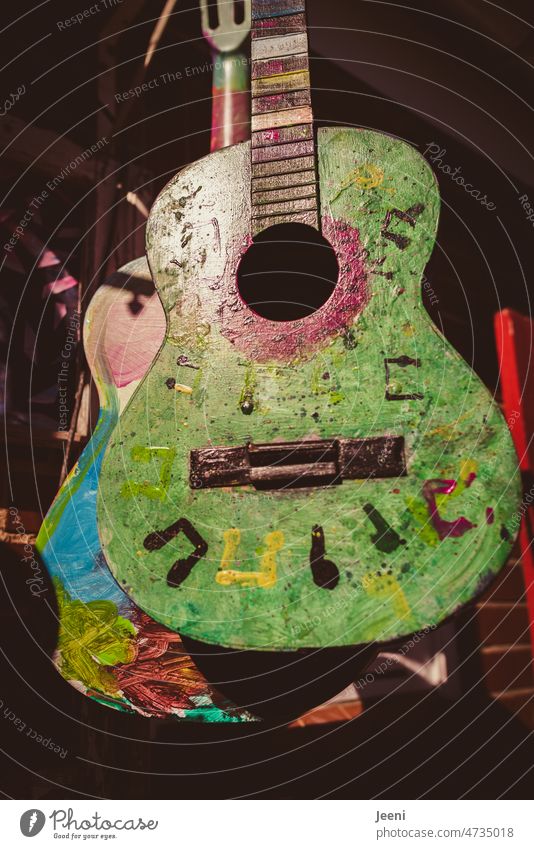 Color contest | Old discarded colorful guitars Guitar Music tool Musical instrument Make music Wood variegated Green Sound String instrument Art Acoustic