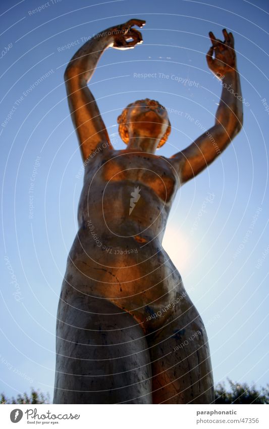 Golden Woman Summer Fine Statue Frozen Motionless Human being Stand Back-light Illuminate Playing Dreamily Exterior shot Historic Sky Clarity Blue Movement Old