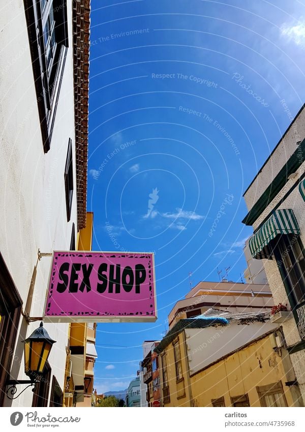 Sex Shop | Old Town Puerto de la Cruz Canary Islands Tenerife Old town business sign Advertising pink Blue Tourism vacation Vacation & Travel Canaries Spain