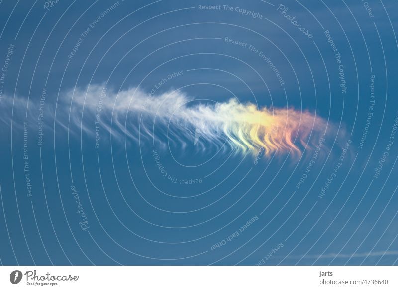 Condensation stiffener with rainbow colors Rainbow Sky Vapor trail cloud Airplane Aviation Blue Clouds Flying Freedom Exterior shot Beautiful weather Wanderlust