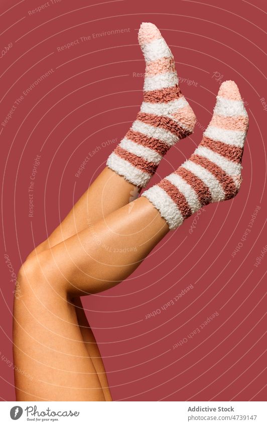 Legs of anonymous woman in socks leg style cozy soft feet trendy feminine individuality slim stripe model legs raised vivid studio light material multicolored