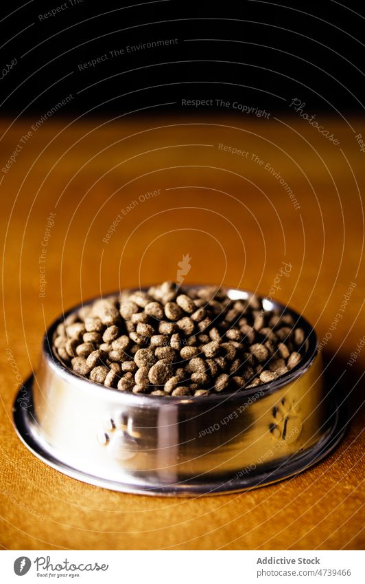 Metal bowl with dry food placed on floor meal animal pet mammal metal feed organic nutrition dog cat home daylight object product portion tasty yummy crunch