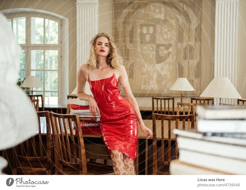 A gorgeous fashion model in red latex dress is showing her curly blonde hair, long legs, red lips, sexy curves, and a foxy attitude towards the camera. A photoshoot in a library with books, a classy interior, and wooden furniture all around.