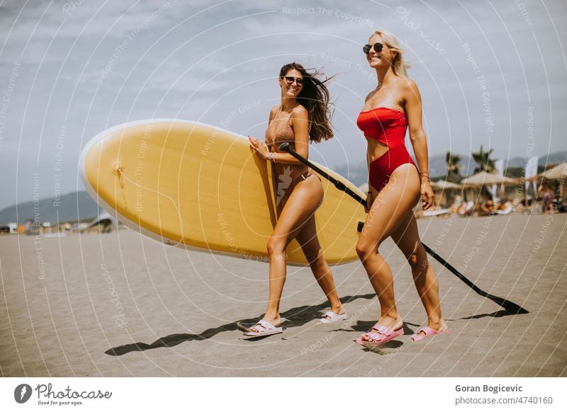 Two young women with paddle board on the beach on a summer day attractive beautiful bikini coast female fit friends friendship fun happy lifestyle ocean outdoor