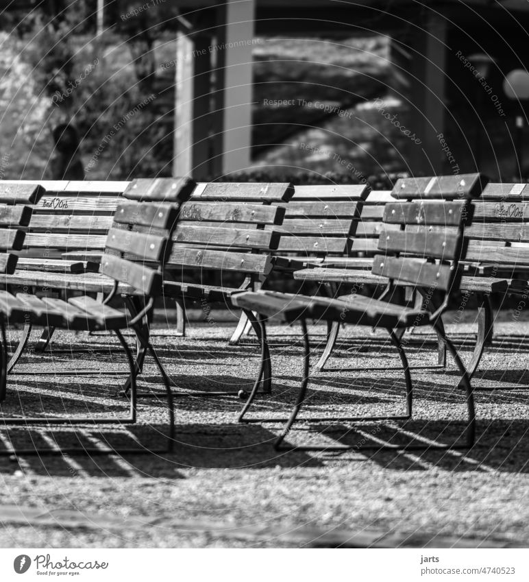 Empty benches Bench Park on one's own forsake sb./sth. Closed too Deserted broke Insolvency Crisis bankrupt Black & white photo nothing going on