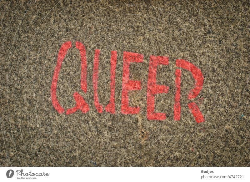 'QUEER' word on paving stone gender queer Gender Equality Man Love Homosexual Human being Androgynous Together Woman Tolerant Freedom LGBT variety Rainbow Flag