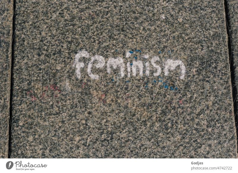'feminism' word on paving stone, feminism Feminism Woman Emancipation Young woman Body Equality Skin naturally Word Characters Demonstration Society