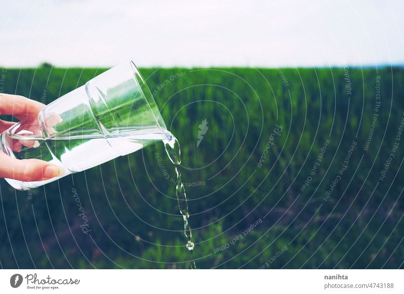 Hnd holding a glass full of pure water in nature abstract weather flower rain purity mineral green natural climate change transparent background grass simple