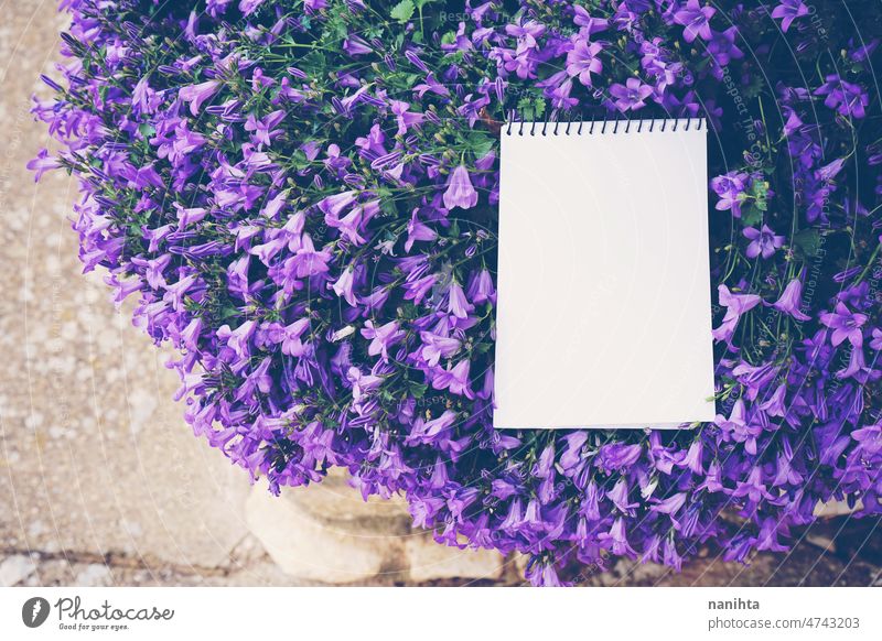 Mock up with purple floral pattern mock up mockup flowers design nature spring springtime texture beautiful note notebook paper card empty blank empty space