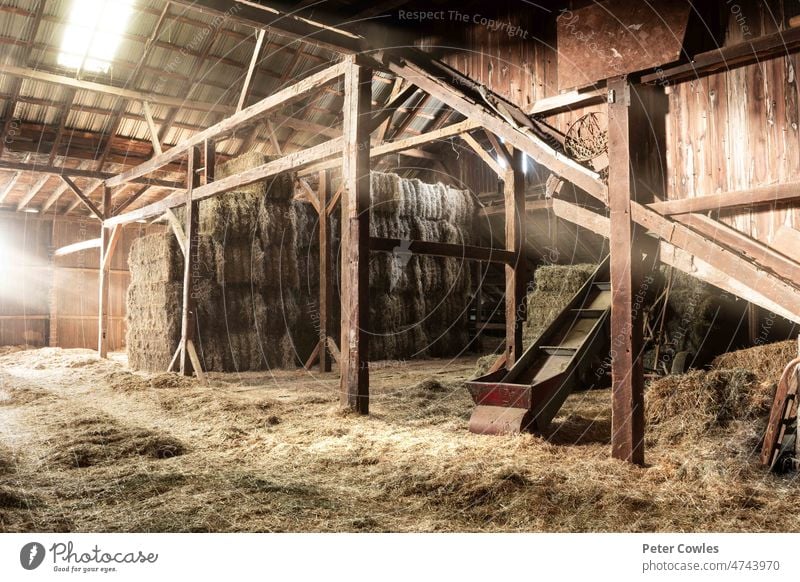 Inside Rustic Wooden Old Barn Hay Bales Straw Sunlight Rays Light Beams Farm abandoned aged agriculture architecture background barn bright brown building