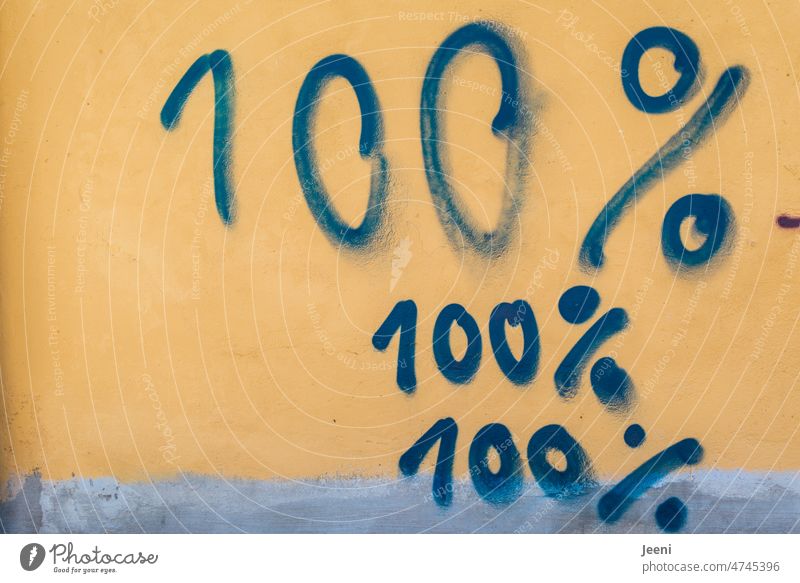 3 times 100% of anything Percent sign Digits and numbers Copy Space left Graffiti Wall (building) Blue Yellow digit hundred percent Exaggerate Numbers Sign