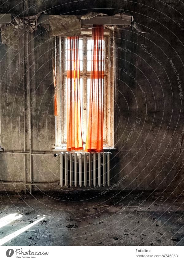 In a run-down old lost place, orange curtains hang in front of the window above the heater. They stand out beautifully against all the gray. lost places Old