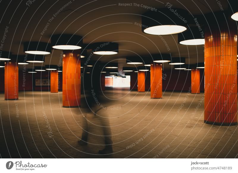 Orange undercrossing Architecture Retro Tile Column Lighting Structures and shapes motion blur Shadow Lanes & trails Underpass Underground Artificial light