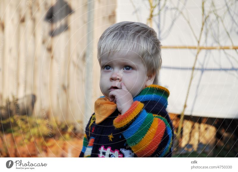 Childhood | toddler in rainbow jacket: for a peaceful, colorful world! Toddler Boy (child) Blonde Earnest sad Calm silent Withdrawn eyes Expression sensation