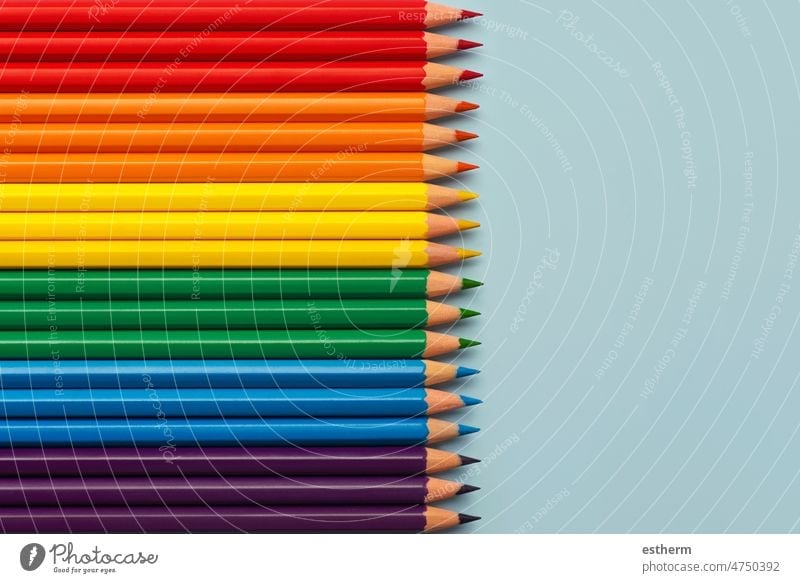 Top view of LGTBI flag made with colored pencils with copy space lgtbi lgbt flag school rainbow pride relationships parade color pencils education crayon