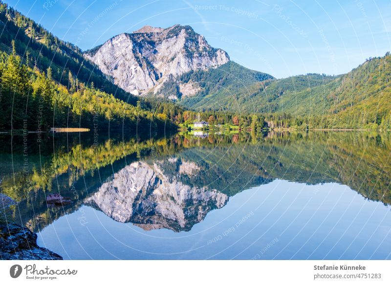 Mountain panorama with the perfect reflection Lake Austria Mirror image Surface of water Calm Reflected mirrored Symmetry Outdoors natural background trees