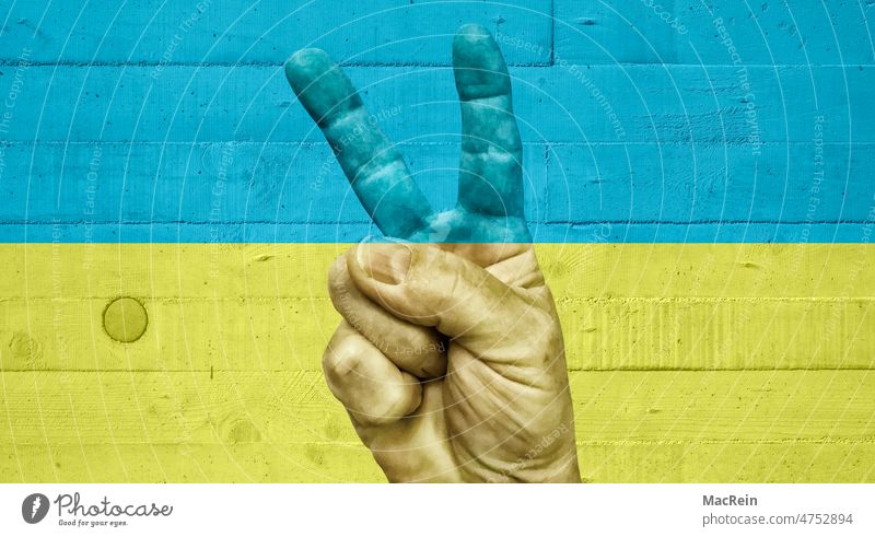Victoy sign on a concrete wall Ukraine War Ukraine war Peace peace sign Blue-yellow colors Hand Show of hands graffiti Sign Solidarity Politics and state Hope