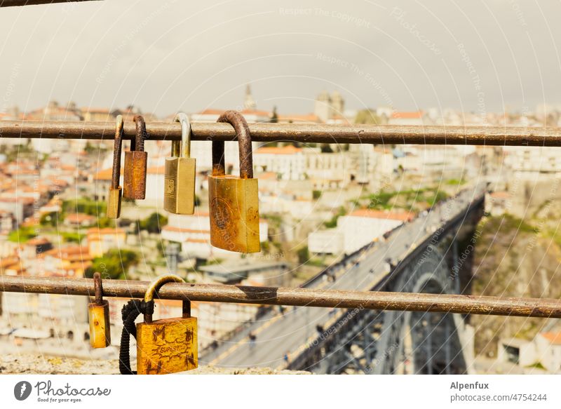 Lock and bolt Padlock Old Closed Love Love padlock Bridge Together Loyalty Infatuation Colour photo Exterior shot Happy Romance Emotions Sign Deserted