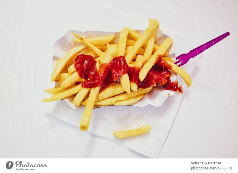 French fries with ketchup and pie in cardboard bowl on white table Fast food Eating Nutrition Food Delicious Unhealthy Snack bar Ketchup Potatoes Fat