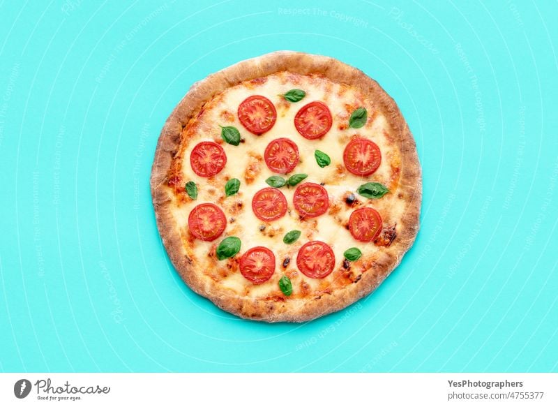 Vegetarian pizza above view, minimalist on a blue background baked basil bright carbs cheese color convenience crust cuisine cut out cyan delicious diet dinner
