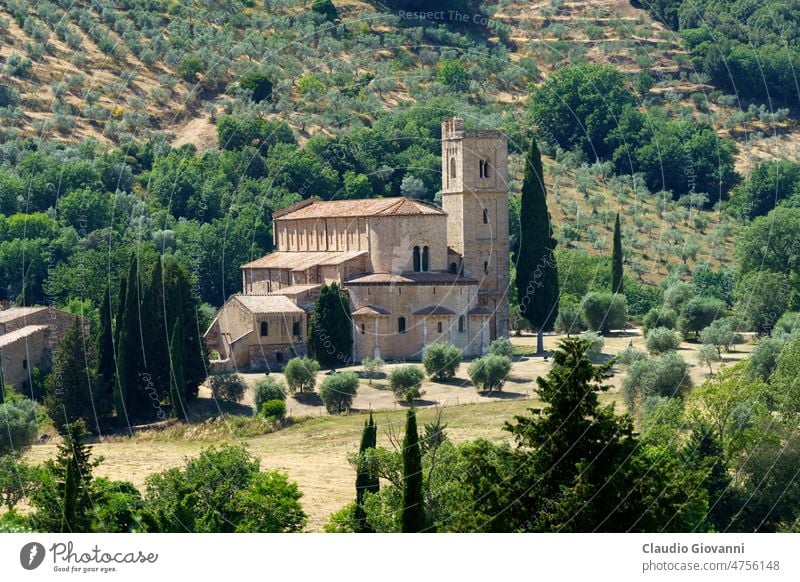 Medieval church of Sant Antimo, Tuscany, Italy Europe Siena ancient architecture building color cypress day exterior historic landmark medieval old olive