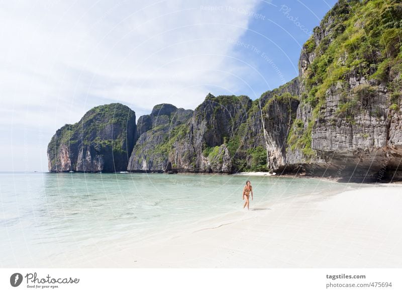 the beach Phi Phi island Thailand Andaman Sea Ocean Beach Sand Vacation & Travel Travel photography Asia Woman Bikini Card Idyll Calm Rock Characteristic