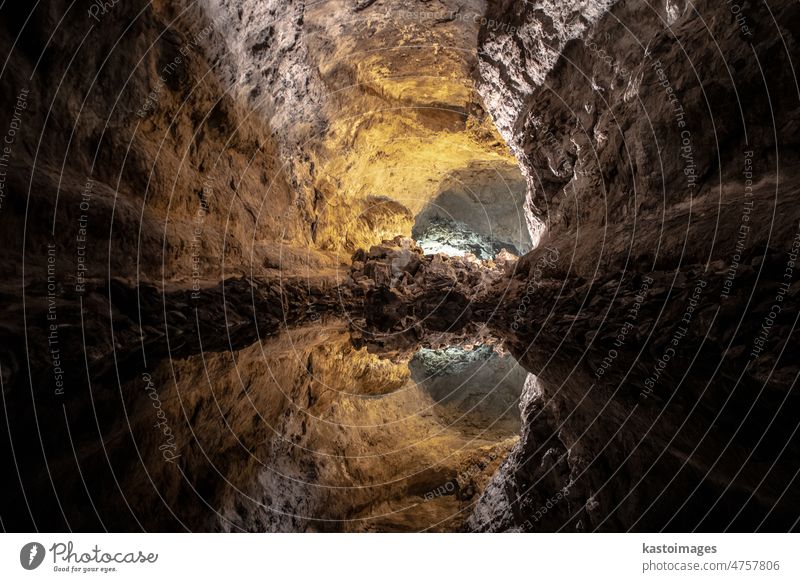 Optical illusion - water reflection in Cueva de los Verdes, an amazing lava tube and tourist attraction on Lanzarote island, Spain lanzarote rock volcano cueva