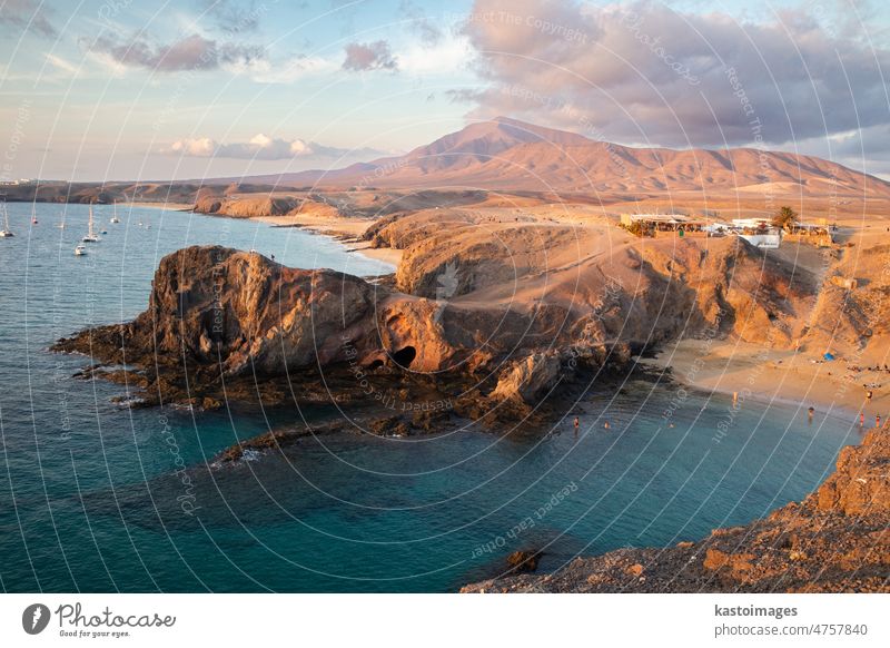 Landscape with turquoise ocean water on Papagayo beach, Lanzarote, Canary Islands, Spain. lanzarote papagayo beach panorama travel view tourism spain mountain
