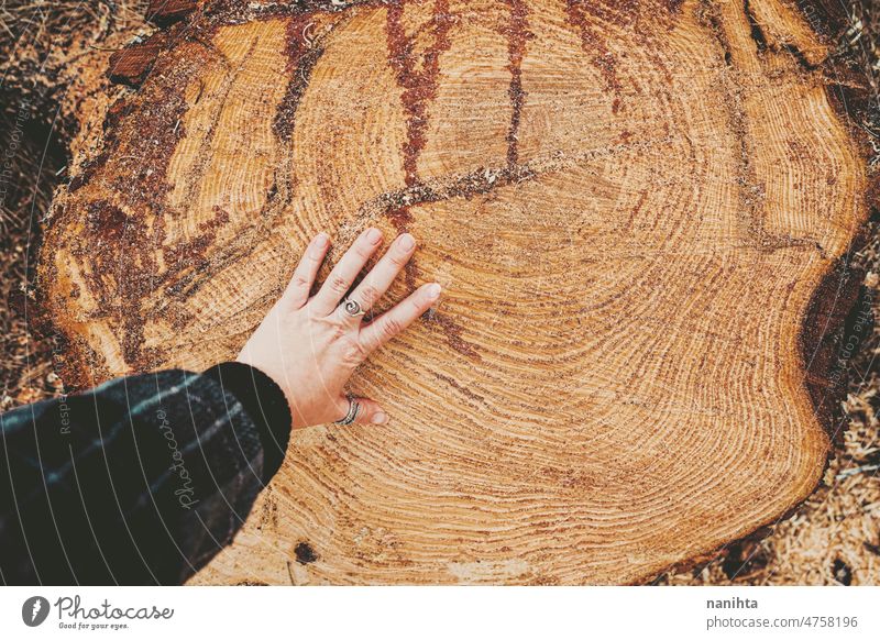 Cut pine log in natural outdoors scene deforestation loggin cut down chop down nature sustainability environment wood detail tree close ring wood ring stump