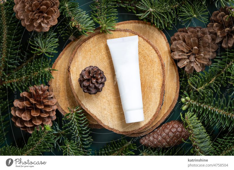 White plastic cosmetic tube between fir branches and pine cones on wooden piece top view. Mockup. mockup Pipette Dropper green Brand packaging Brown One pump