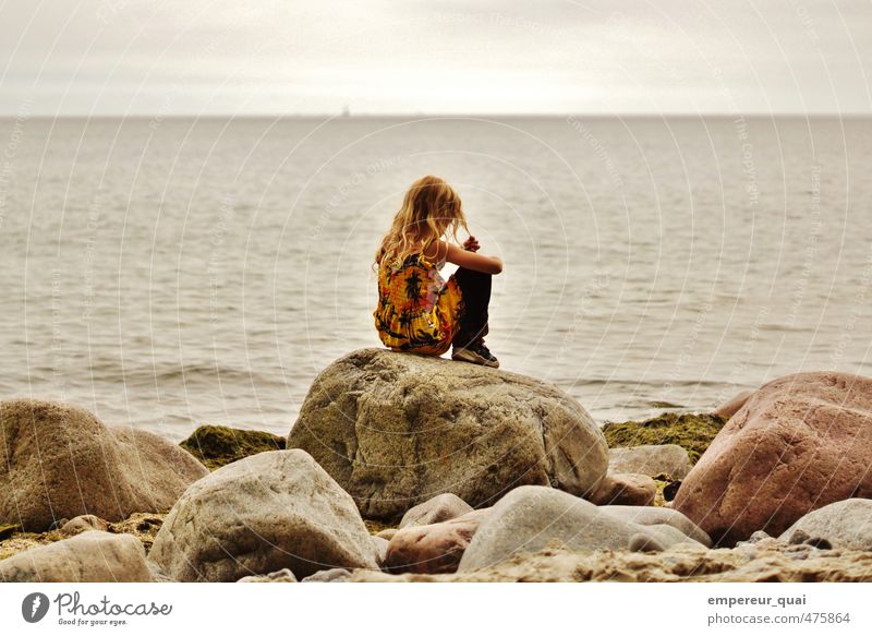 The Little Mermaid Human being Feminine Girl Sand Water Sky Summer Coast Baltic Sea Navigation Dress Long-haired golden hair Mussel Swimming & Bathing Think Sit