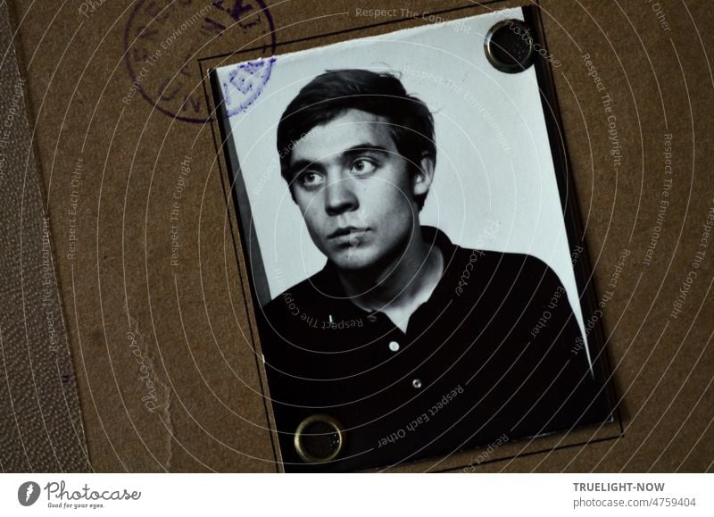 Student, freshman on b/w vending machine photo selfie in study book of FU Berlin 1967 with stamp Selfie automat photo Passport photo self-image