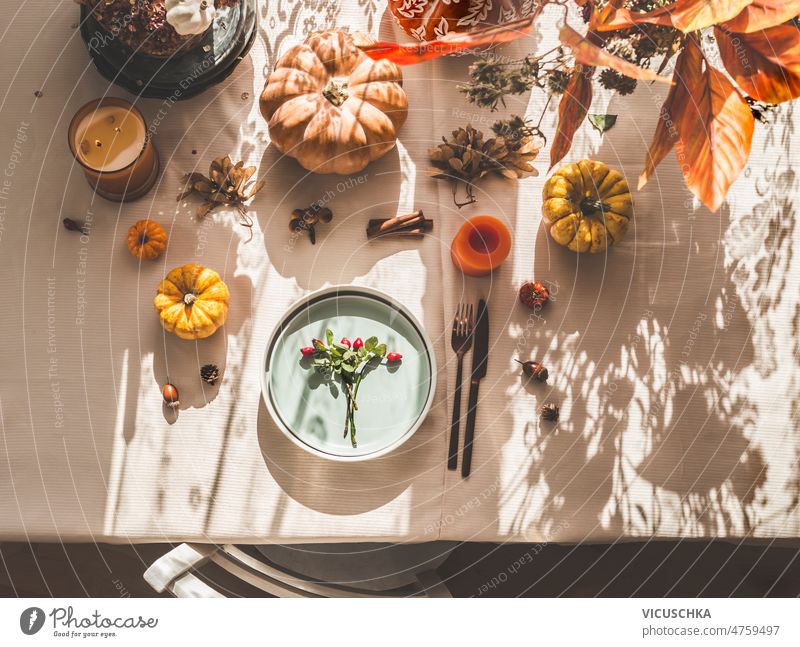 Autumn still life with table setting, pumpkins, cutlery, fall branches and candles on table with sunlight and shadows. autumn kitchen cozy home top view indoor