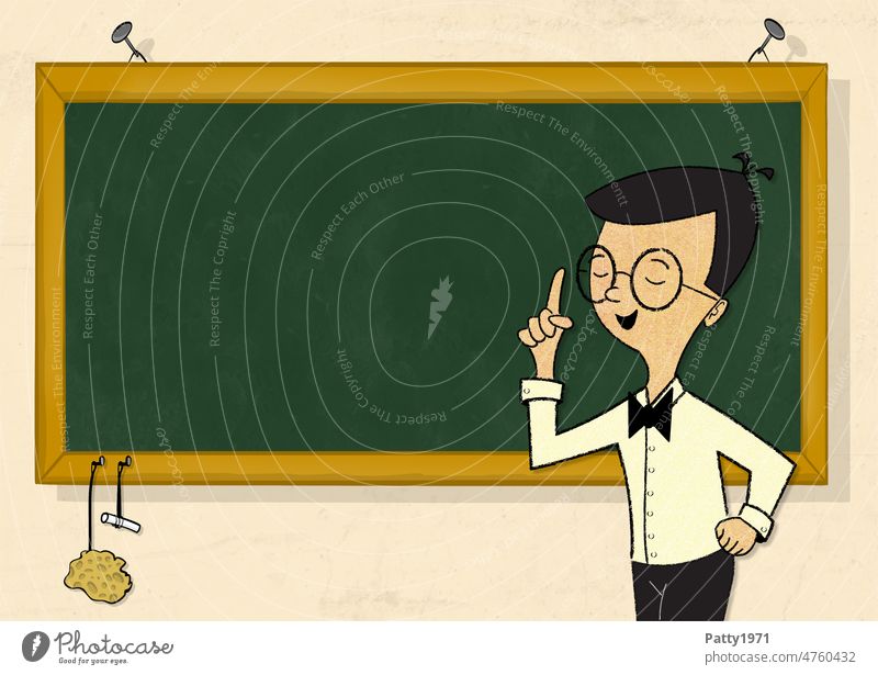 Teacher stands smiling with raised index finger in front of green school blackboard. Illustration illustration Education Cartoon School Blackboard Study Chalk